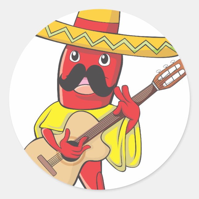 Mexican Chilli Playing a Guitar Classic Round Sticker (Front)