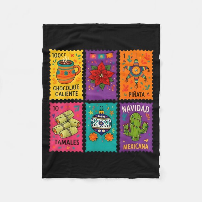 Mexican Christmas Stamps Chocolate Tamales Xmas  Fleece Blanket (Front)