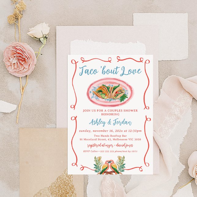 Mexican Colorful Taco 'bout Love Couples Shower  Invitation (Whimsical Taco 'bout Love Couples Shower Invitation, Mexican Colorful Love Birds, Trendy Taco Couple)