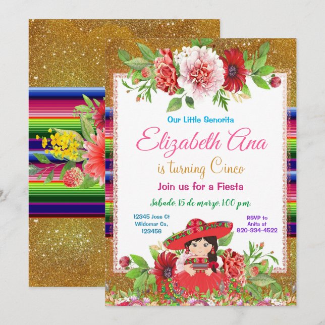 Mexican Colourful Fiesta Birthday Red Girl    Invitation (Front/Back)