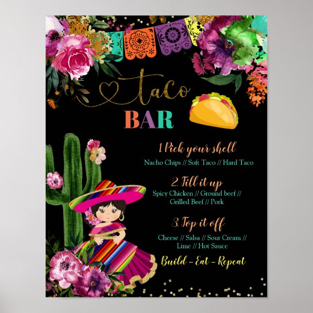 Mexican Colourful Fiesta Floral Birthday Taco Bar Poster (Front)