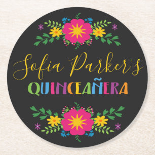 Mexican colourful Fiesta Quinceañera Round Paper Coaster