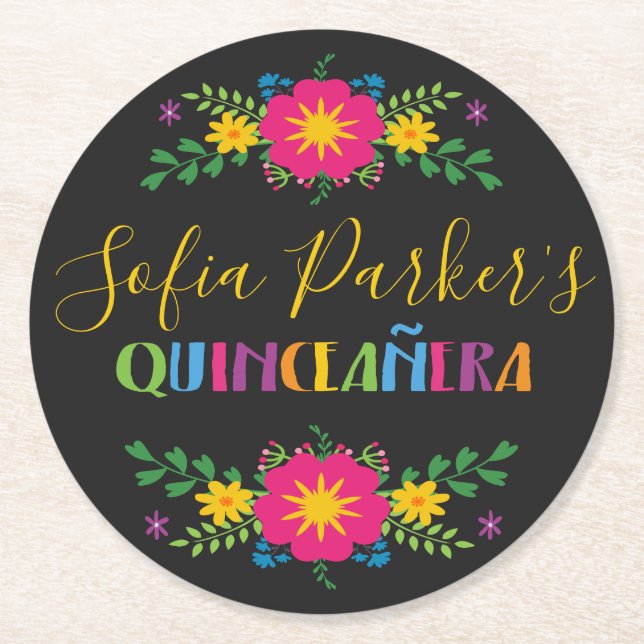 Mexican colourful Fiesta Quinceañera Round Paper Coaster (Front)
