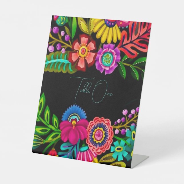 Mexican Colourful Flora Wedding Table Numbers Pedestal Sign (Front)