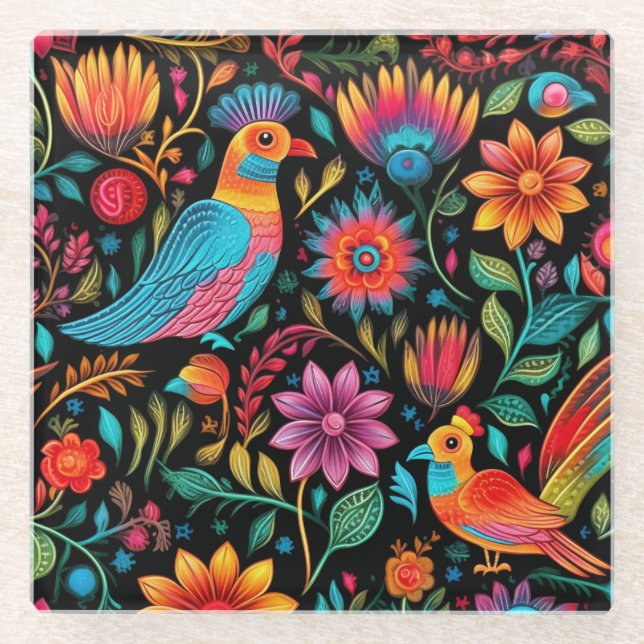 Mexican colourful floral pattern glass coaster (Front)