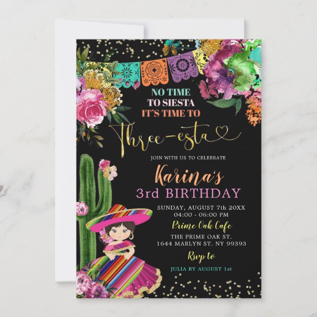Mexican Colourful Floral Three-esta 3rd Birthday Invitation (Front)