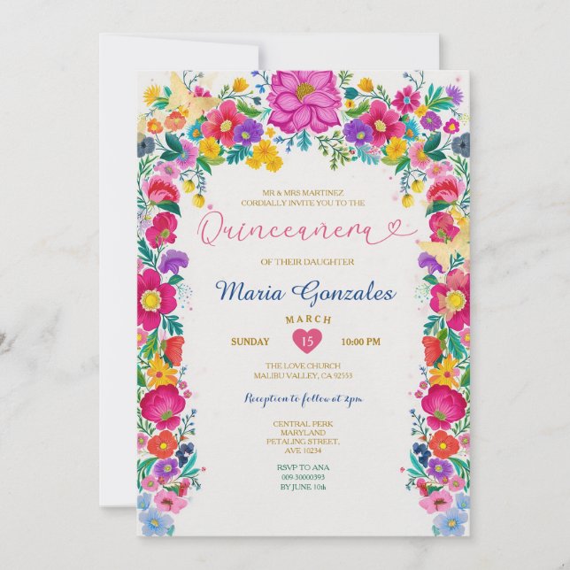 Mexican Colourful Flowers Floral Quinceañera Invitation (Front)
