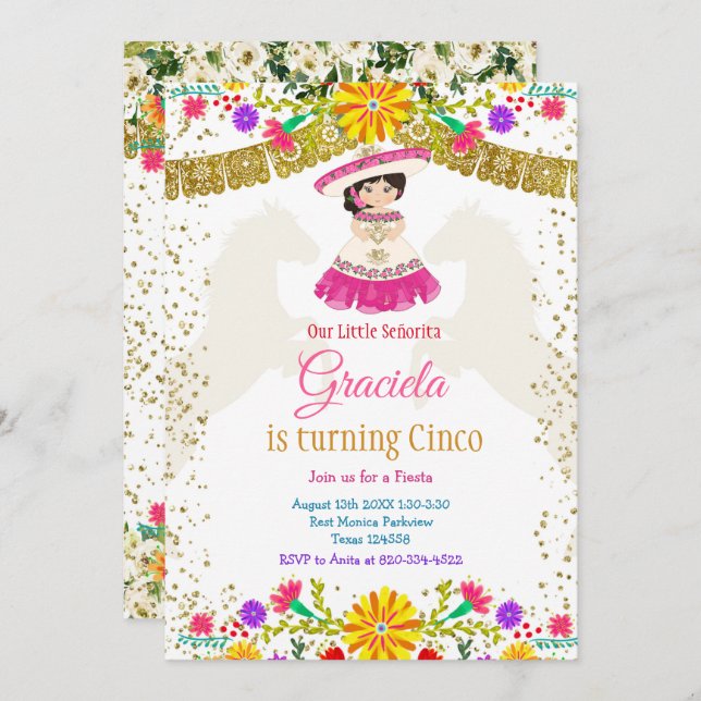 Mexican Colourful Flowers with Gold Glitter  Invitation (Front/Back)