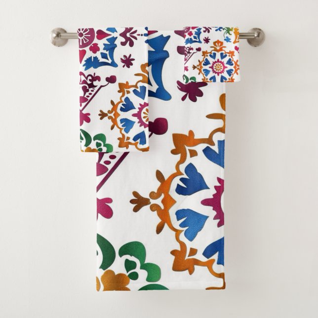 Mexican Colourful Star Tile Bath Towel Set (Insitu)