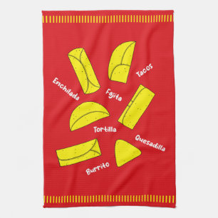 Mexican Cooking Food Illustration Red Tea Towel