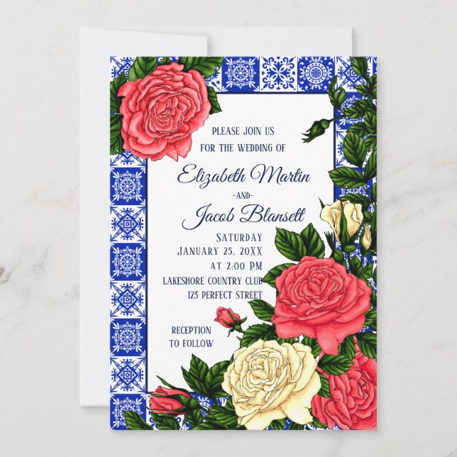 Mexican Coral and Cream Rose Wedding Invitation (Front)