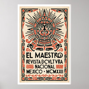 Mexican Culture Poster Stylised Aztec Face - Red