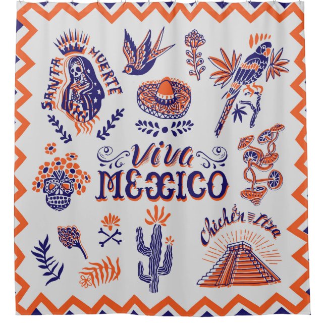 Mexican Culture Symbols Vintage Card Shower Curtain (Front)