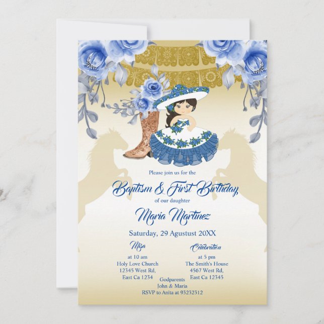 Mexican Cute Girl Baptism and Birthday Blue Flower Invitation (Front)