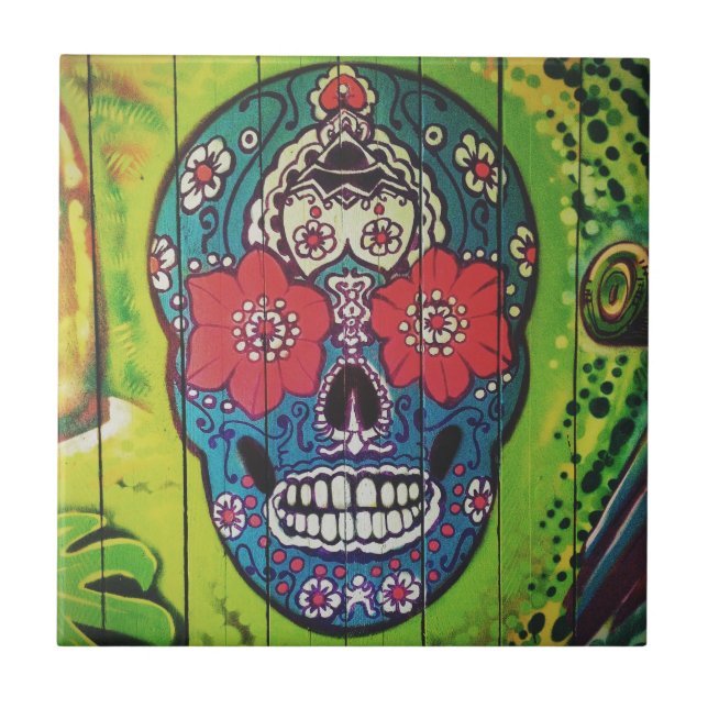 Mexican DAY of the DEAD graffiti skull art Tile (Front)