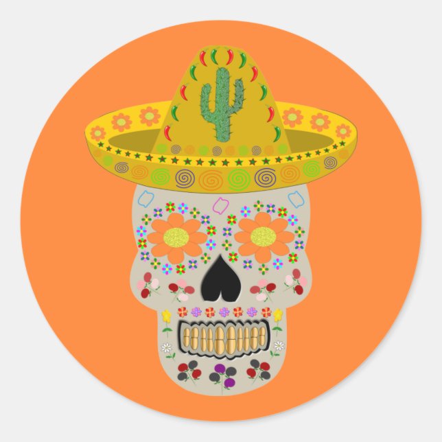 Mexican Day of the Dead Skull  Classic Round Sticker (Front)