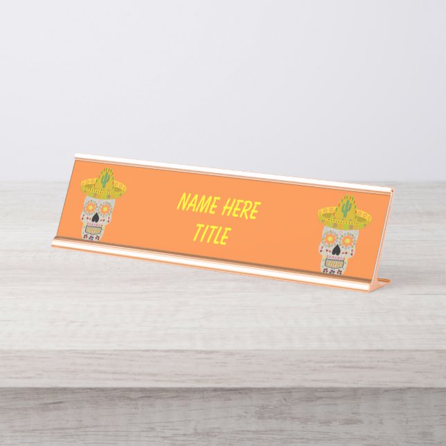 Mexican Day of the Dead Skull Custom Desk Name Plate (Front)