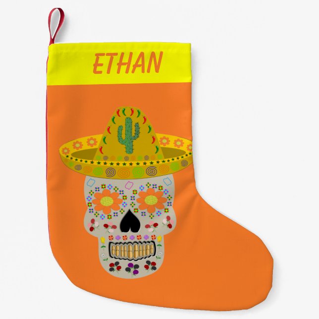 Mexican Day of the Dead Skull Custom Small Christmas Stocking (Front)