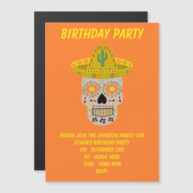 Mexican Day of the Dead Skull  Magnetic Invitation (Front/Back)