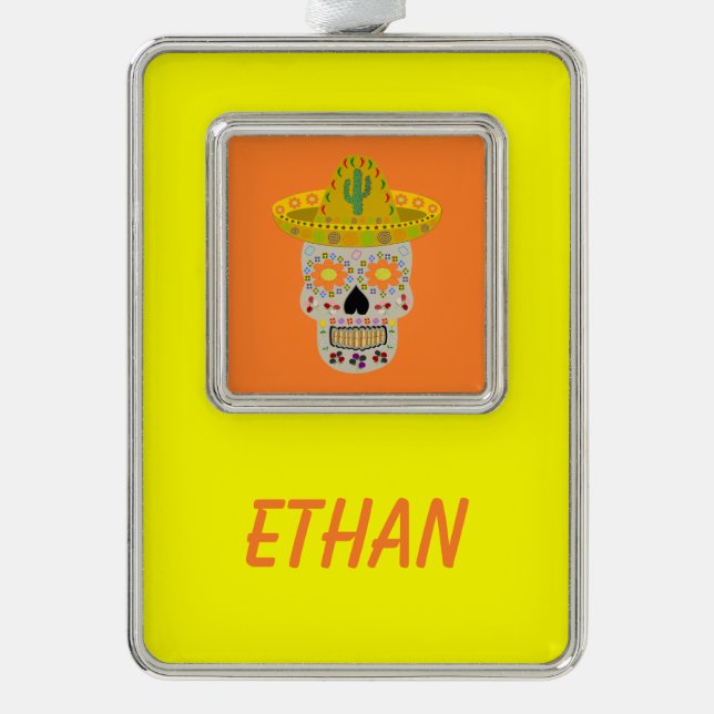 Mexican Day of the Dead Skull  Silver Plated Framed Ornament (Front)