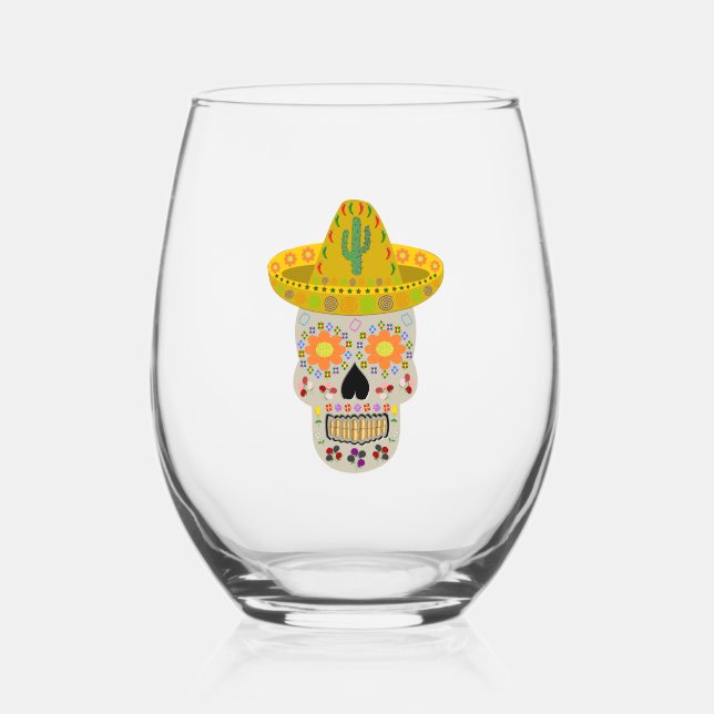 Mexican Day of the Dead Skull Stemless Wine Glass (Front)