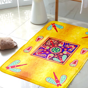 Mexican Decor Huichol Golden & Purple Art Patterns Bath Mat