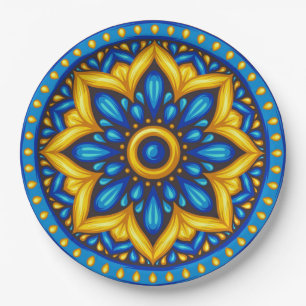 Mexican Design of Blue and Yellow Paper Plate