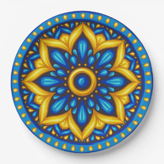 Mexican Design of Blue and Yellow Paper Plate