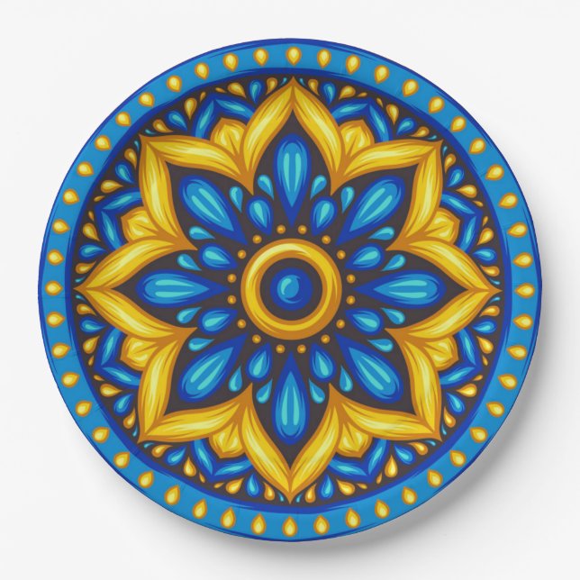 Mexican Design of Blue and Yellow Paper Plate (Front)