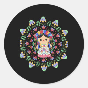 Mexican Doll-Lele-Maria- Embroidered Mexican Print Classic Round Sticker