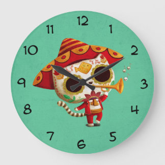 Mexican El mariachi Cute Cat Large Clock