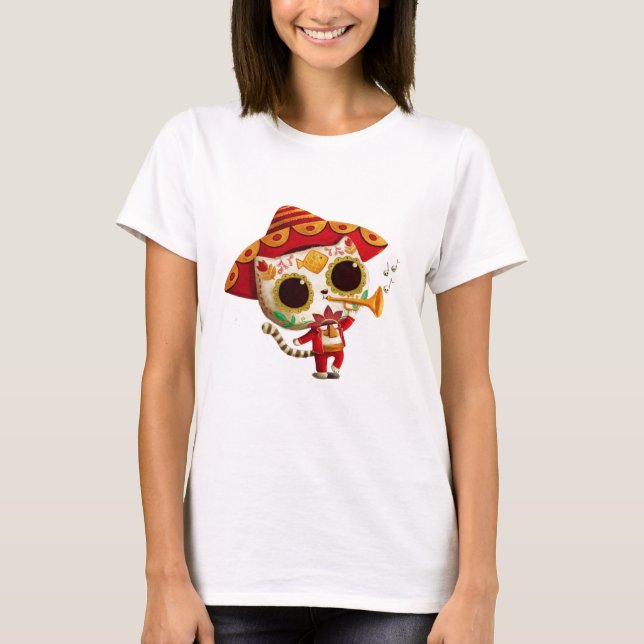 Mexican El mariachi Cute Cat T-Shirt (Front)