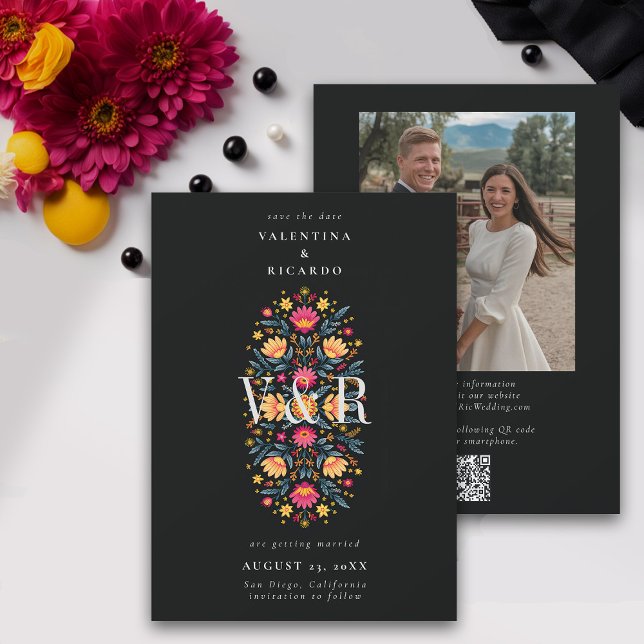 Mexican Elegant Modern Floral QR Photo Wedding Save The Date (mexican wedding save the date fiesta rancho mexico hacienda floral elegant modern qr code photo)