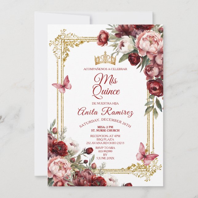 Mexican Elegant Red Roses Butterfly Quinceañera Invitation (Front)