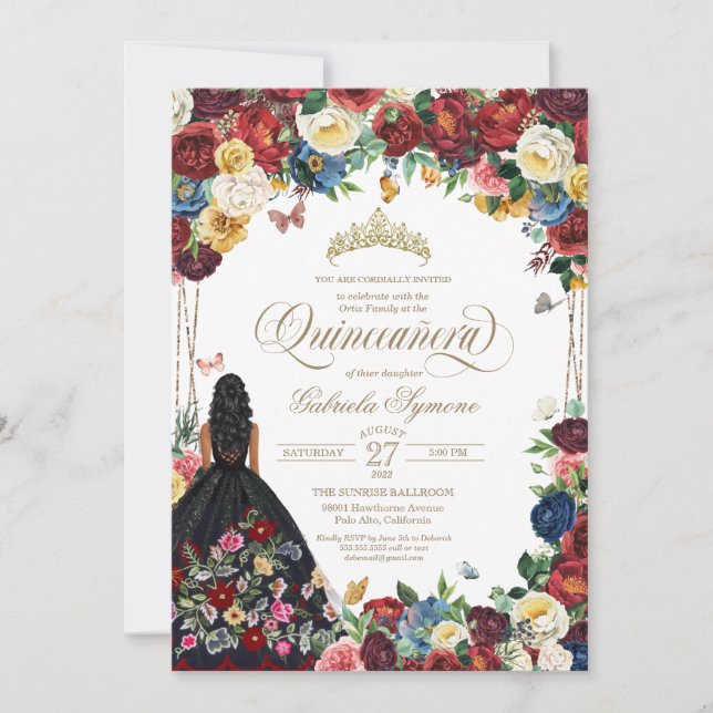 Mexican Embroidery Butterfly Floral Quinceanera In Invitation (Front)