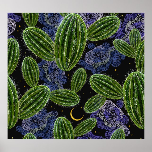 Mexican Embroidery: Cactus Night Seamless. Poster (Front)