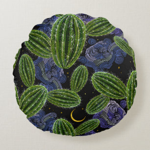 Mexican Embroidery: Cactus Night Seamless. Round Cushion