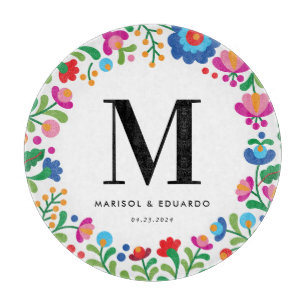 Mexican Embroidery Colourful Monogrammed Wedding Cutting Board