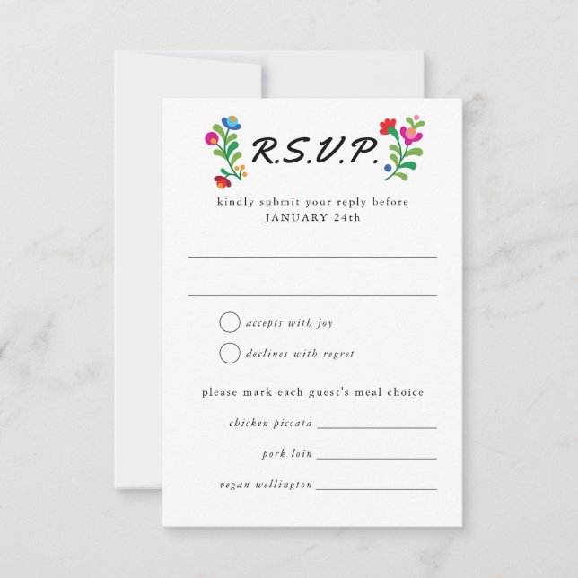 Mexican Embroidery Colourful Wedding RSVP Card (Front)