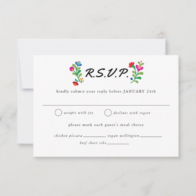Mexican Embroidery Colourful Wedding RSVP Card (Front)