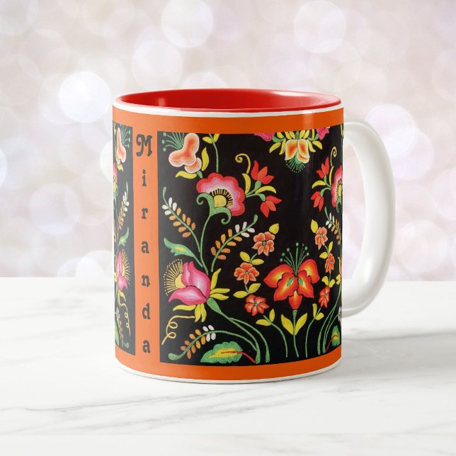 Mexican Embroidery Floral YOUR NAME Coffee Cup Red (Creator Uploaded)