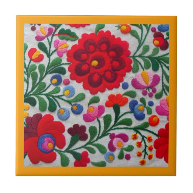 Mexican Embroidery Flowers Kitchen Yellow Trivet (Front)