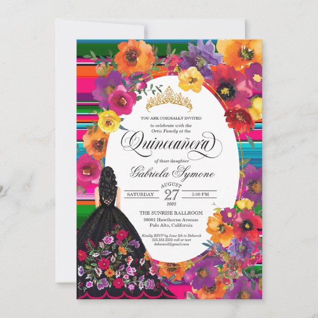 Mexican Embroidery Huipil Floral Dress Quinceanera Invitation (Front)