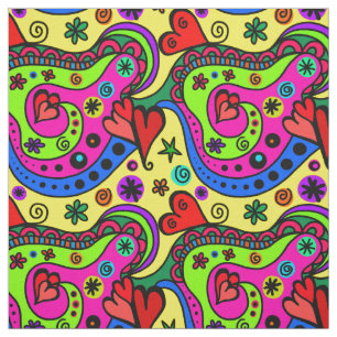 Mexican ethnic hearts abstract pattern red yellow fabric