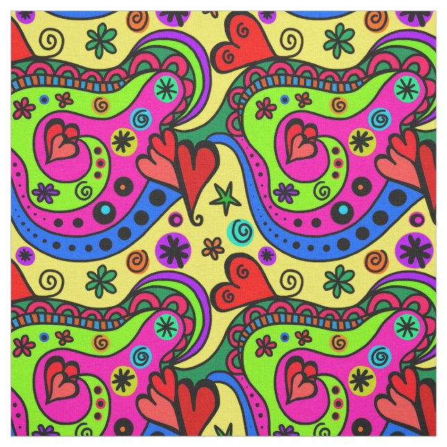 Mexican ethnic hearts abstract pattern red yellow fabric (Swatch)
