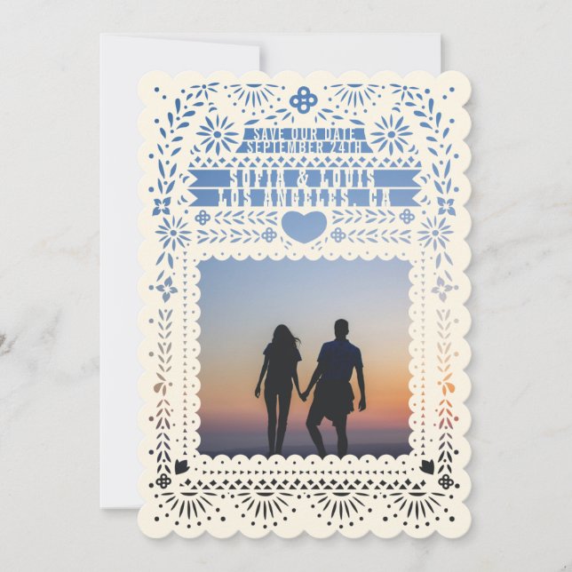 Mexican Fantail Doves Papel Picado Save the Date Invitation (Front)