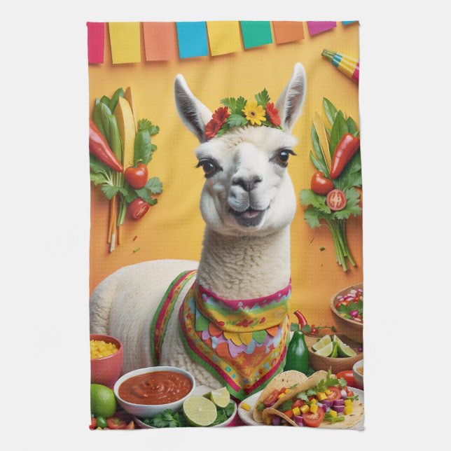 Mexican Feast Cute Llama  Tea Towel (Vertical)