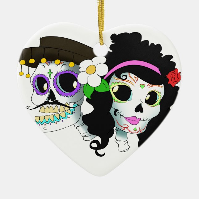 Mexican Festive Skull Couple Ceramic Tree Decoration (Front)