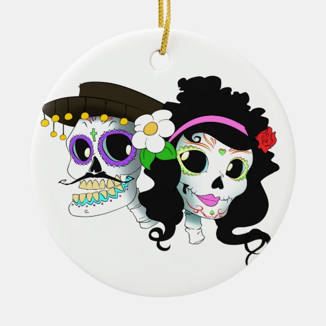 Mexican Festive Skull Couple Ceramic Tree Decoration (Front)
