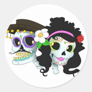 Mexican Festive Skull Couple Classic Round Sticker